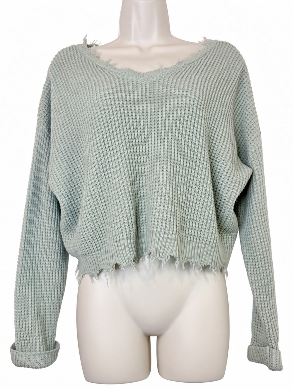 Moon & Madison Waffle Knit Crop Sweater Sage Green Distressed Hem Size M